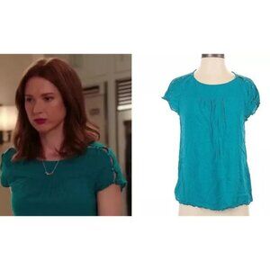 ASO UNBREAKABLE KIMMY SCHMIDT ELLIE KEMPER Teal Swiss Dot Blouse Shirt EUC RARE